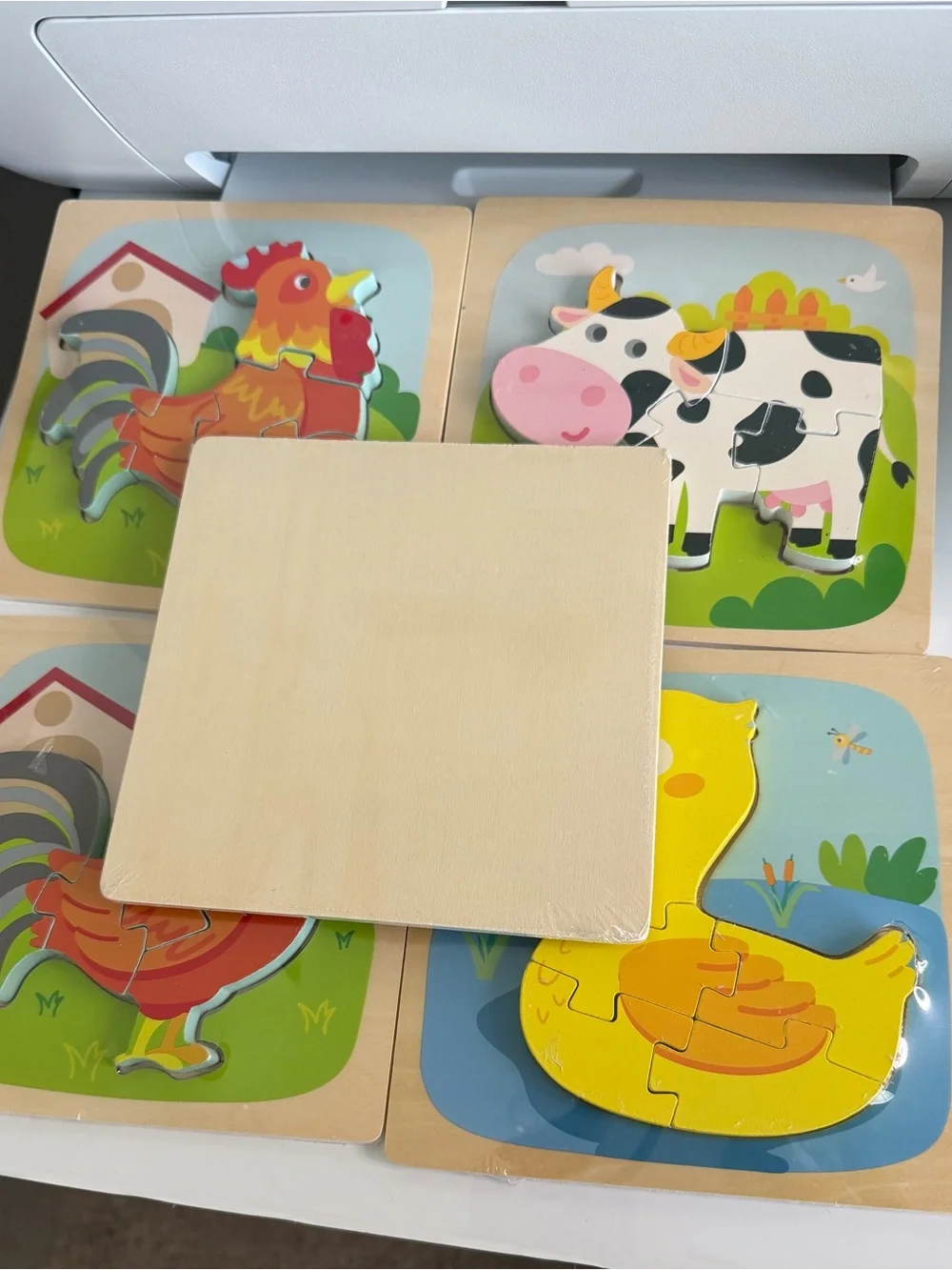Wooden Farm Animal Puzzle Set - Colorful Kids Toys (Chicken, Cow, Duck, Pig)